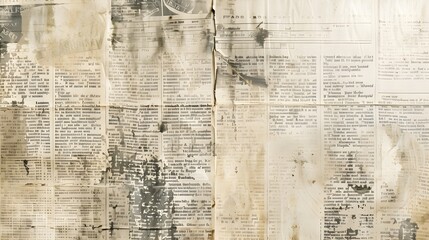 Fototapeta premium Aged newspaper clippings collage on a weathered background, evoking nostalgia and historical intrigue.