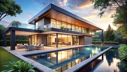 Fototapeta premium Luxurious modern house with sleek lines and floor-to-ceiling windows overlooking a serene infinity pool and lush green surroundings.