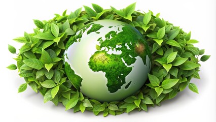 Green earth globe surrounded by intertwined leaves forming a circular shape, symbolizing harmony between business and environmental sustainability.