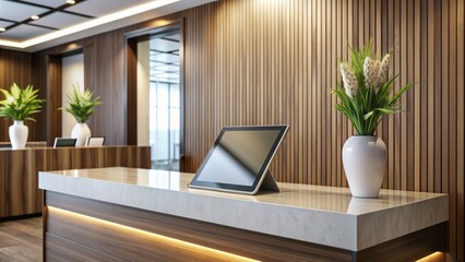 Modern hotel reception desk with a sleek tablet and elegant decor, awaiting a friendly receptionist to assist with a comfortable guest experience.