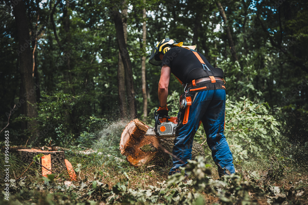 Wall mural close-up of woodcutter sawing chain saw in motion, sawdust fly to sides. chainsaw in motion. hard wo