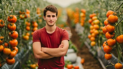 Young man standing confidently among rows of ripe tomatoes, showcasing agricultural dedication and fresh produce in a lush farm setting.