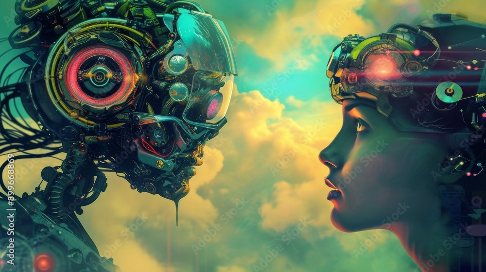 Poster a striking depiction of a human and robot facing each other against a surreal sky backdrop. this ima