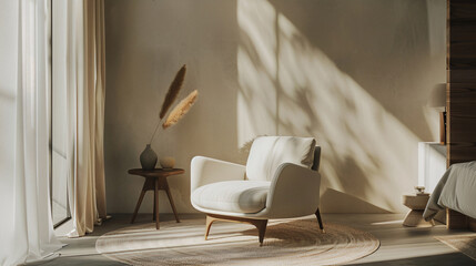 Wnętrze w stylu boho biały jasny fotel w beżowym salonie oświetlony przez słońce