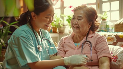realistic photo of a female filipino nurse giving medicine to a beautiful senior filipino woman at home, soft-focus technique, animated exuberance, AI Generative