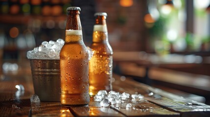 Frosty beer bottles chilled in an ice bucket set on a wooden table, inviting for a refreshing drink