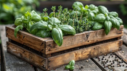Wooden Crate Filled with Fresh Green Basil Plants Growing in a Garden, Capturing the Essence of Organic Herb Cultivation