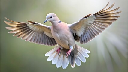 Obraz premium A delicate, gray-brown European collared dove in mid-air, wings outstretched, feathers glistening, set against a transparent, isolated background.