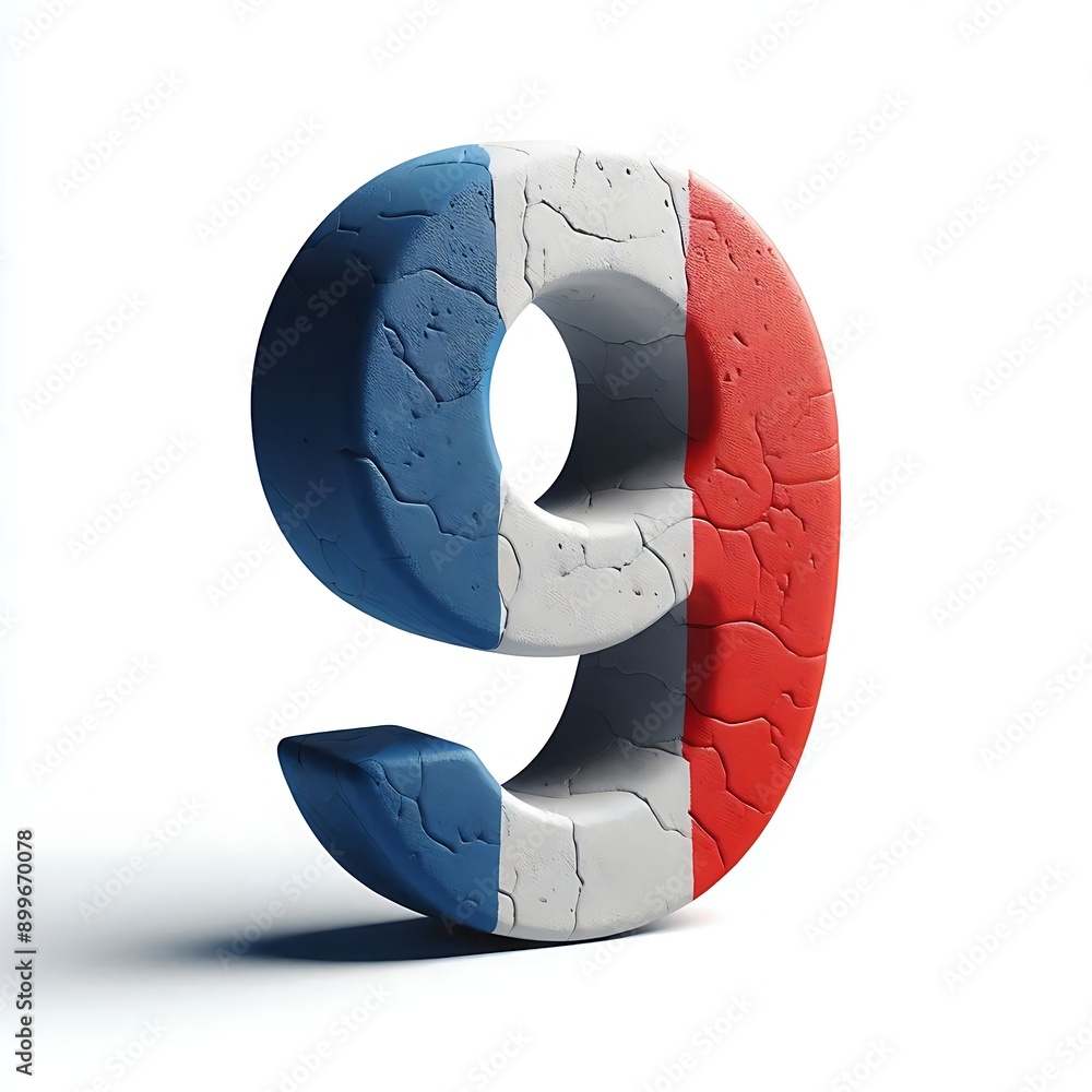 Poster the number 9 is written in a foreign language, with the letters in red, white