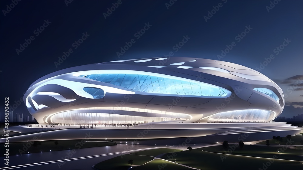 Poster dynamic lighting design, an isometric 3d smart stadium structure, and a highly technological appeara