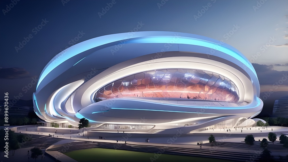 Poster dynamic lighting design, an isometric 3d smart stadium structure, and a highly technological appeara