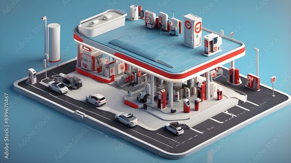 Poster a 3d isometric smart gas station architecture that emphasizes smart technology and creative fuelling