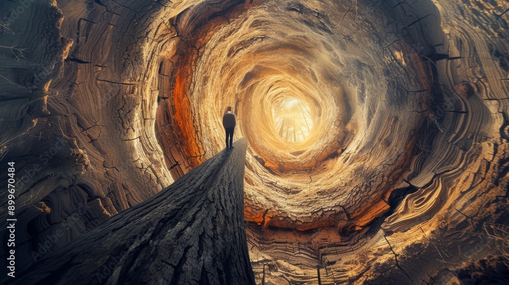 Poster a striking image depicting a person walking on a narrow path inside a massive tree trunk, surrounded