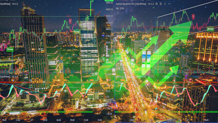 night skyline cityscape with uptrend economy market candle chart 