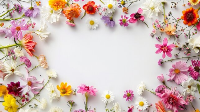 square photo frame made of full bright spring flowers with a white background, AI Generative - Powered by Adobe