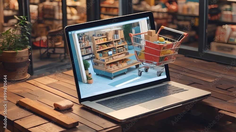 Poster a laptop using augmented reality to integrate an isometric shopping cart with the surrounding surrou