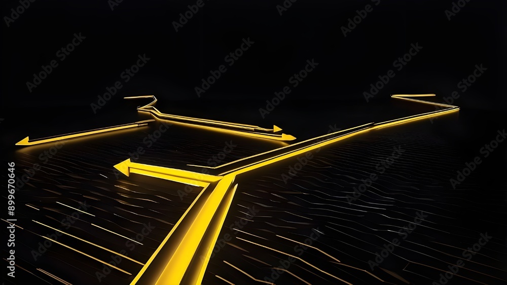 Poster dynamic neon lighting lines form a yellow digital thunder arrow pointing straight on a black backgro