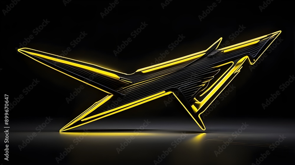 Poster dynamic neon lighting lines form a yellow digital thunder arrow pointing straight on a black backgro