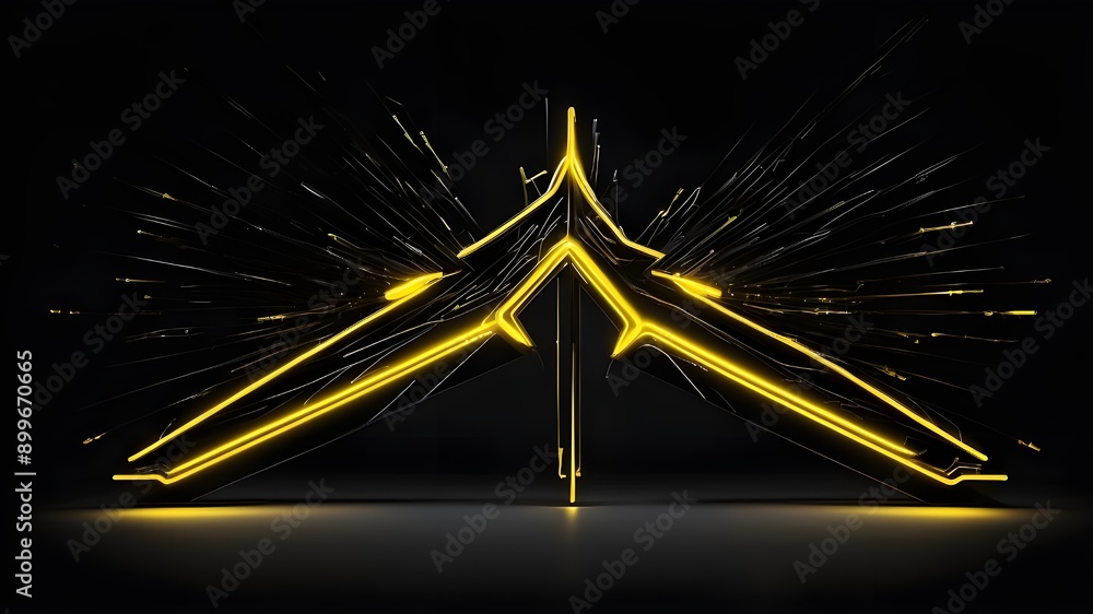 Poster dynamic neon lighting lines form a yellow digital thunder arrow pointing straight on a black backgro