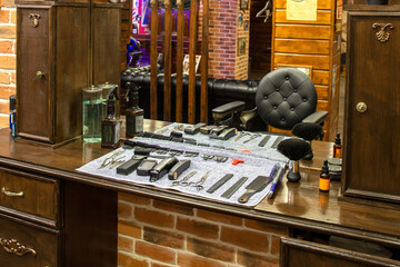 Chicago, USA - September 22, 2023: Barbershop working place interior. Stylish hairdressing salon...