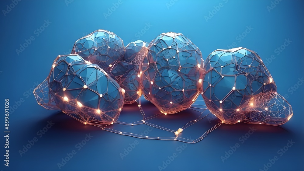 Poster blue background with low poly wireframe and high-tech digital kidneys. render in 3d using polygon me