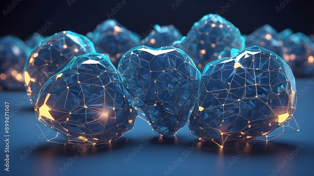 Poster blue background with low poly wireframe and high-tech digital kidneys. render in 3d using polygon me