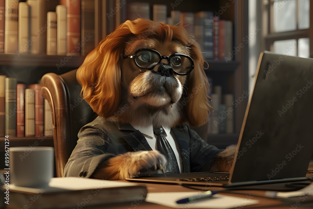 Poster a smart dog wearing glasses and a working suit, seated at a desk and working on a notebook computer.