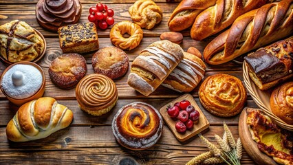 Fototapeta premium Vibrant bakery menu social media banner featuring mouthwatering pastries, cakes, and bread on a rustic wooden background.