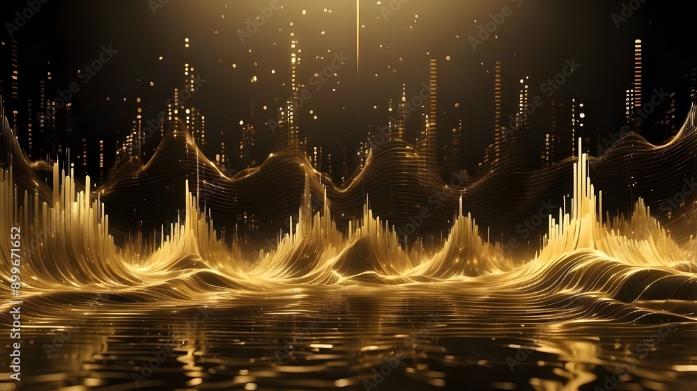 Poster a background of digital sound waves with an oceanic gold hue that represents data intensity. for aud