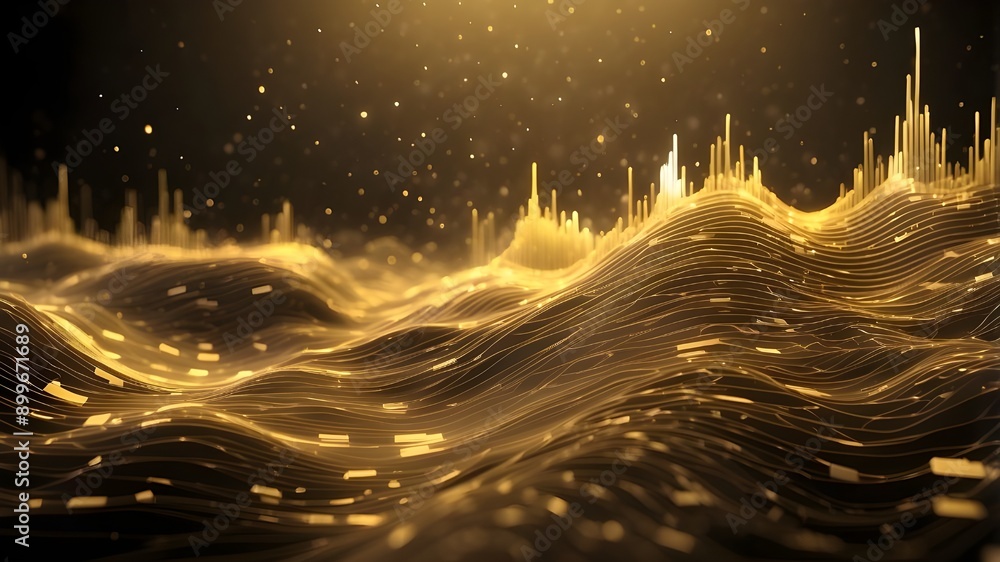 Poster a background of digital sound waves with an oceanic gold hue that represents data intensity. for aud