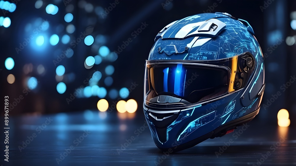 Poster digital blue hologram a motorbike helmet equipped with communication connections, danger detection a