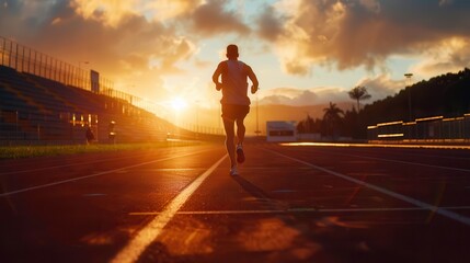 The determination and focus of a runner on a treadmill during the golden hour. The speed and strength of an athlete