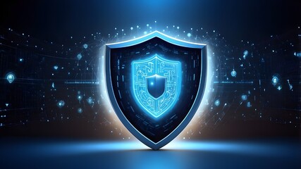 Artificial Intelligence (AI) in security defense systems, threat detection algorithms, digital blue guard shield icon with luminous binary code, and access control methods