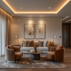 Modern luxurious beige tone room with sofa armchairs  big paintings and standing light lamp and led strip
