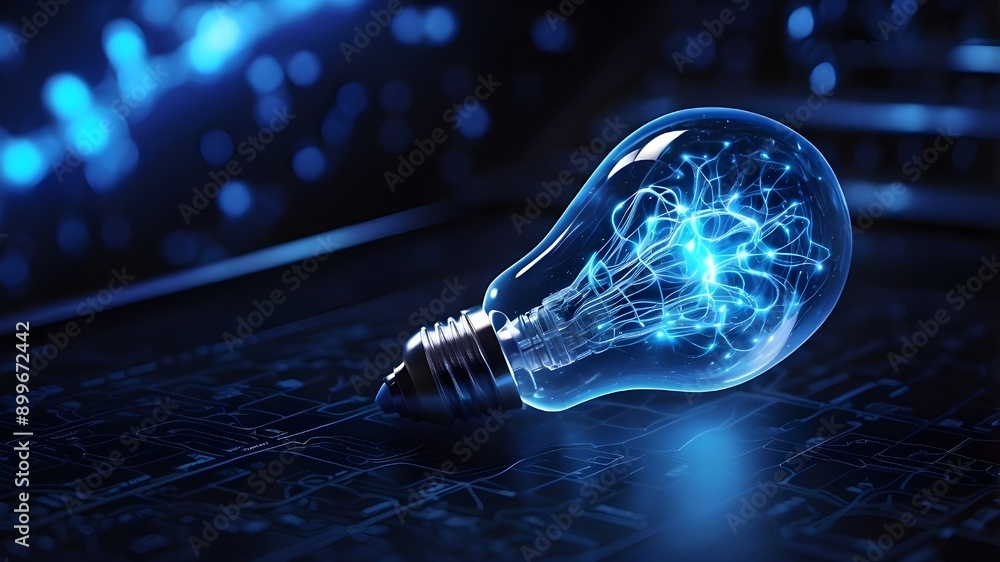 Poster the blazing data streams and blue digital light bulb emblem represent the revolutionary use of artif