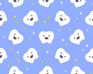 Vector seamless pattern with cute cartoon little teeth on blue background. Illustration of the smiling healthy tooth characters for wallpapers