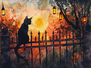 Watercolor painting a black cat sitting on a fence in a cemetery at sunset with glowing lanterns.