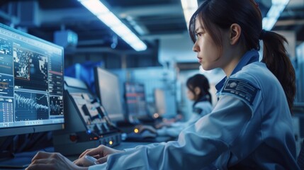 White background, 30 year old Japanese female factory workers analyzing data on PC with warehouse management software , realistic painting, AI Generative