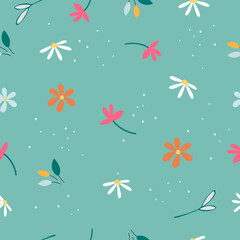 Seamless vector pattern for fashion, fabric, wallpaper. Design for prints on a mint green background. Garden flower, plants, botanical. Cute flat illustration in the form of small bright flowers.