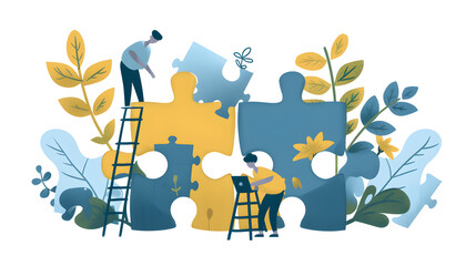 iny Figures Working Together to Assemble Large Colorful Puzzle Pieces Representing the Importance of Cooperation in Achieving Common Goals