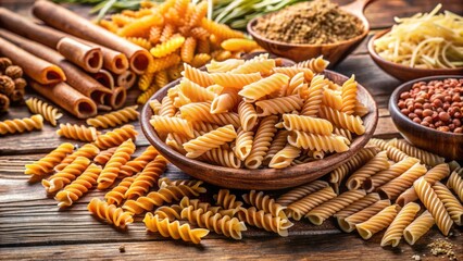 Close-up of assorted raw brown pasta varieties, including wholegrain fusilli, dry whole grain noodles, and spelt macaroni, on a rustic wooden background.