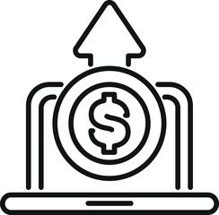 Line art icon of a dollar coin increasing above a laptop, representing online business success