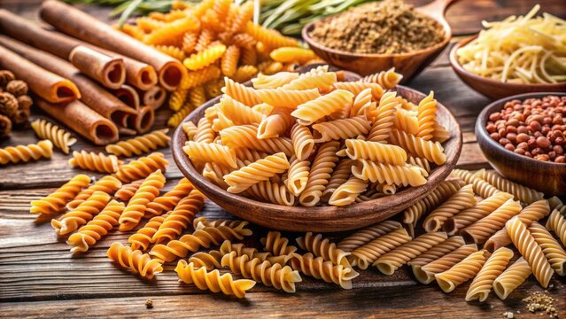 Close-up of assorted raw brown pasta varieties, including wholegrain fusilli, dry whole grain noodles, and spelt macaroni, on a rustic wooden background.