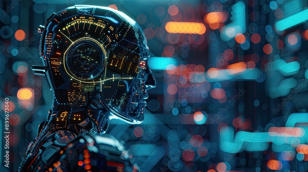 Aufkleber 3d rendering of ai research, droid robot, cyborg development, future living, digital data mining, ma