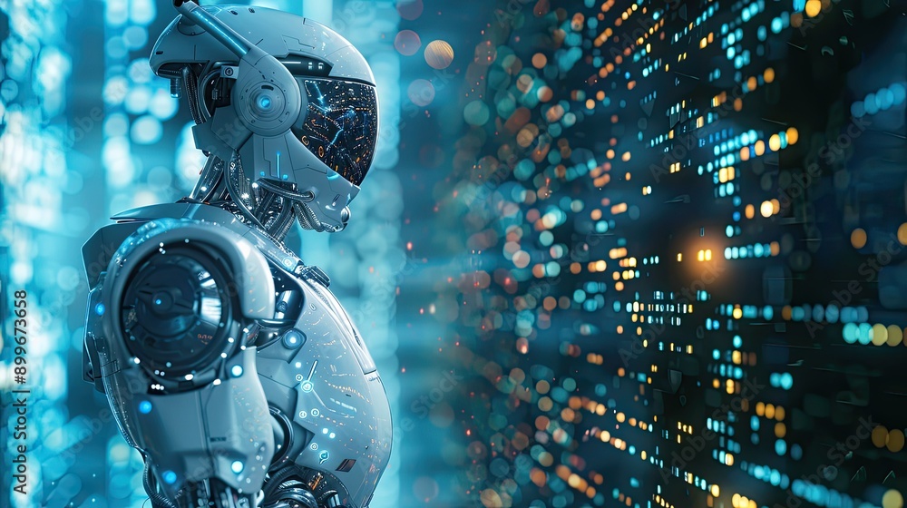 Aufkleber 3d rendering of ai research, droid robot, cyborg development, future living, digital data mining, ma