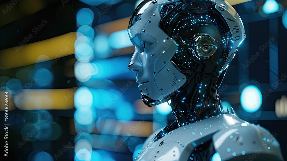 Aufkleber 3d rendering of ai research, droid robot, cyborg development, future living, digital data mining, ma