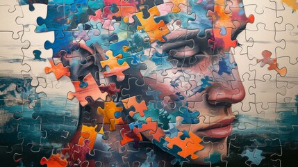 An artistic portrait of a man integrated with colorful puzzle pieces and abstract patterns. The image explores themes of identity and the fragmented nature of the human experience, blending realism
