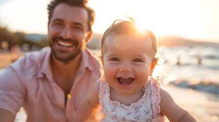 Fototapeta premium Proud Father Watches Child s Triumphant First Steps in Idyllic Sunset Landscape
