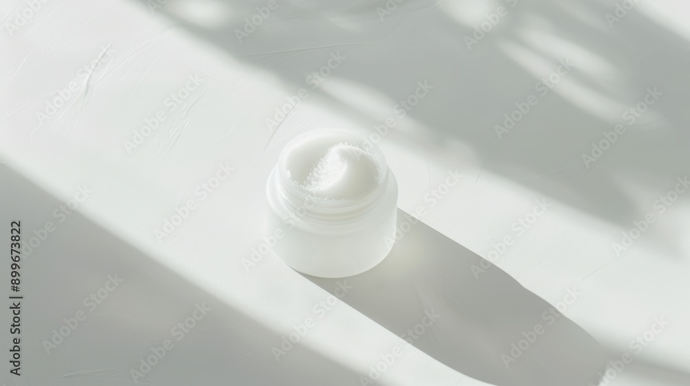 Poster minimalist white cosmetic jar illuminated by harsh light, creating a striking shadow on a table