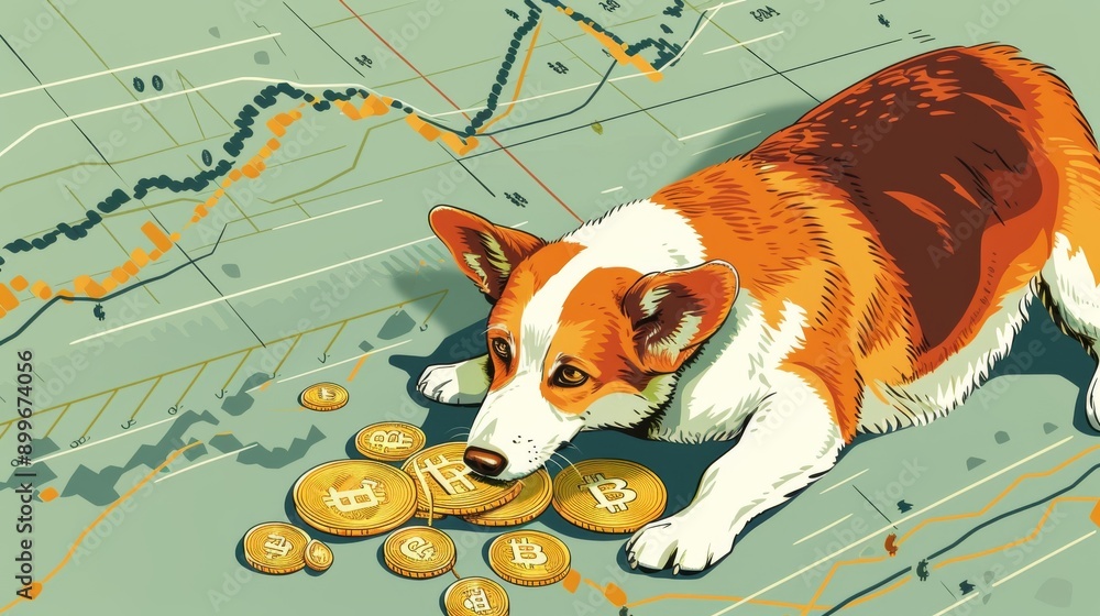 Poster a digital illustration featuring a corgi dog lying on the ground with bitcoin and other cryptocurren